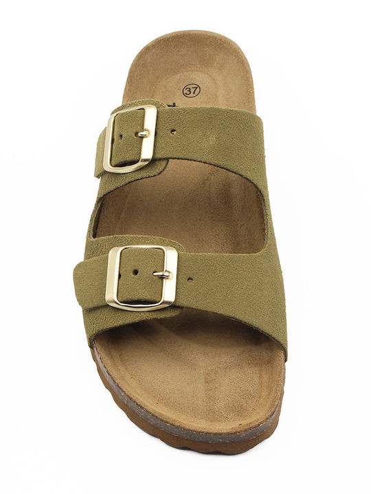 Leather Women's Flat Sandals Khaki