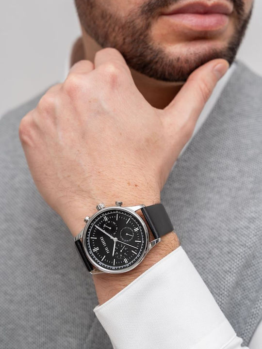 Paul Lorens Ceas Barbati 44mm Baterie cu Curea din Piele Neagră