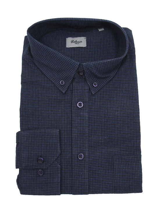 Rebase Men's Shirt Long Sleeve Flannel Checked Navy Blue