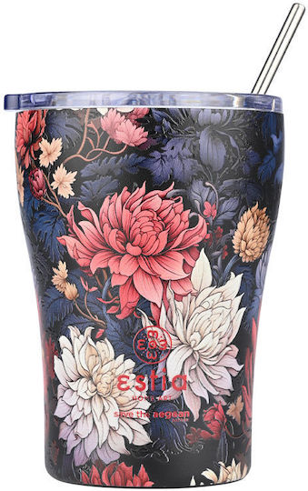 Estia Coffee Mug Save The Aegean Recycelbar Glas Thermosflasche Rostfreier Stahl BPA Frei 350ml Midnight blossom mit Stroh