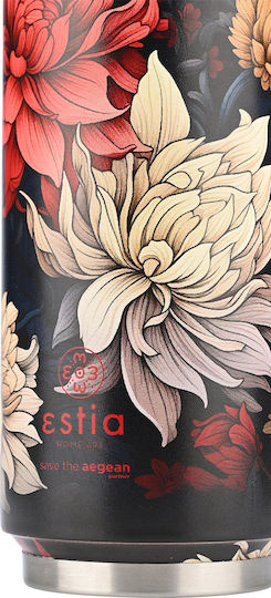 Estia Travel Cup Save the Aegean Recyclable Glass Thermos Stainless Steel / Plastic BPA Free 500ml Midnight blossom with Straw