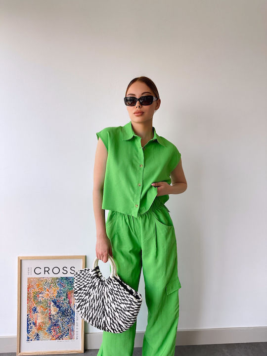 Sinell Women's Trousers Set Sleeveless Shirt Green