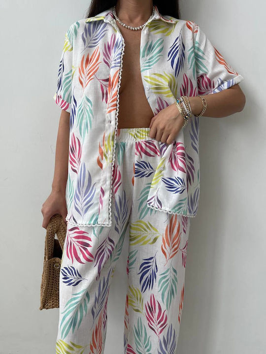 Set pentru femei Sinell, pantaloni cu talie elastică și cămașă cu mânecă scurtă, alb Set pentru femei Sinell, pantaloni cu talie elastică și cămașă cu mânecă scurtă, alb