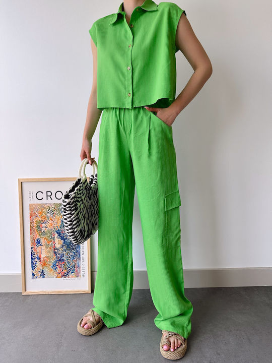 Sinell Women's Set Sleeveless Shirt Trousers Green