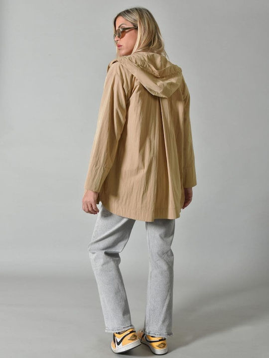 Belle Femme Women's Long Lifestyle Jacket Windproof for Spring or Autumn with Hood Beige