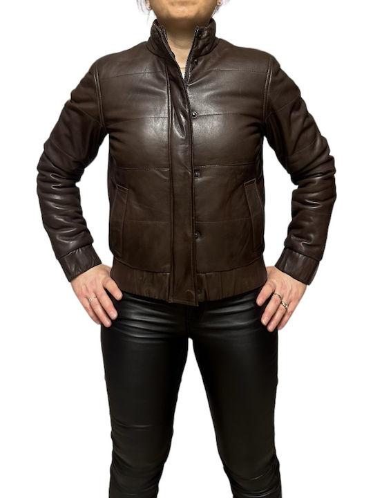 MARKOS LEATHER Women's Short Puffer Leather Jacket for Winter CAFE