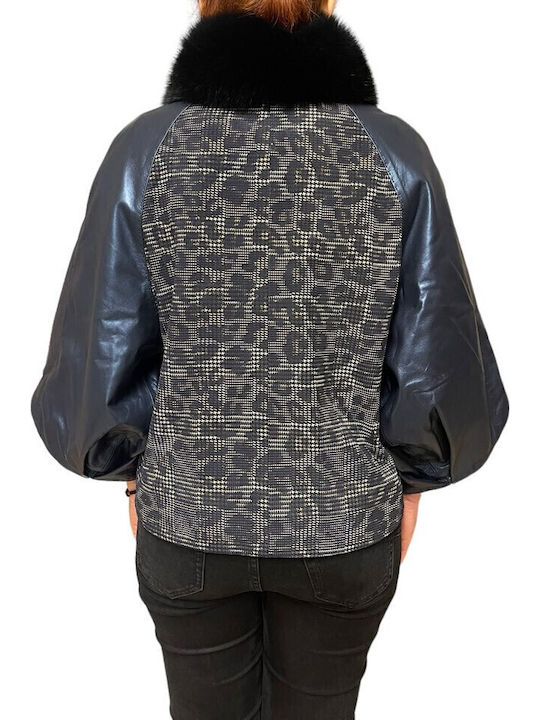 Kurzes Leder Damenjacke Für Winter Blau