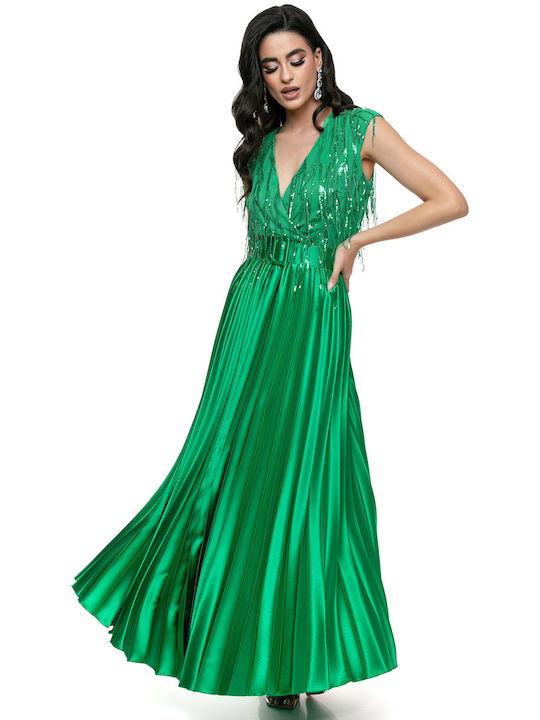 Impressive Green Dress with Pleated Skirt and Shiny Details