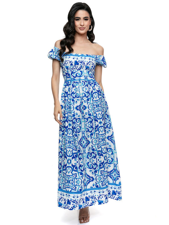 Schulterfreies blaues Kleid mit Designs