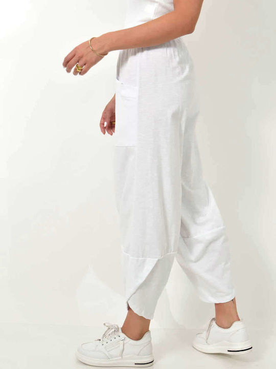 First Woman Women's High-waisted Cotton Trousers with Elastic WHITE