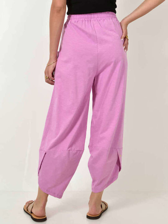 First Woman Women's High-waisted Cotton Trousers with Elastic Pink