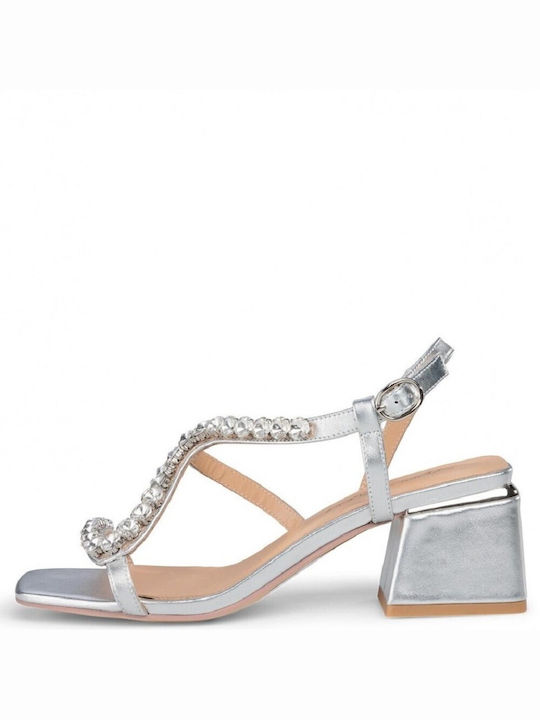 Alma en Pena Leather Women's Sandals Silver with Medium Heel