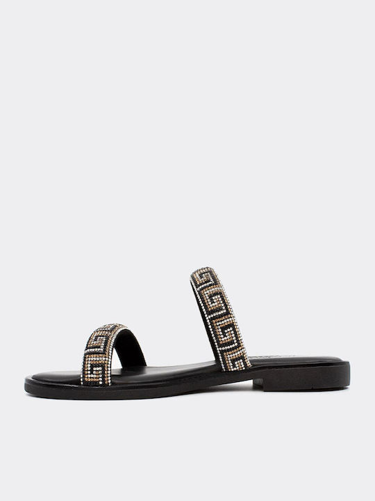 Leather Women's Flat Sandals in Black Color