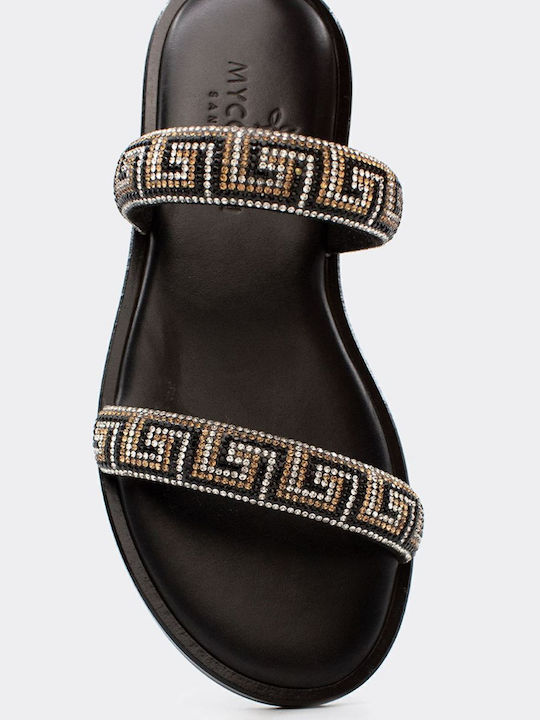 Leather Women's Flat Sandals in Black Color