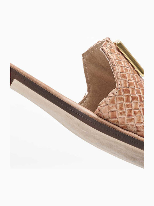 Leather Women's Flat Sandals in Tabac Brown Color