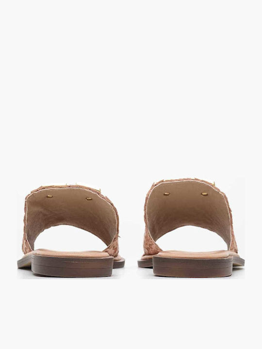 Leather Women's Flat Sandals in Tabac Brown Color