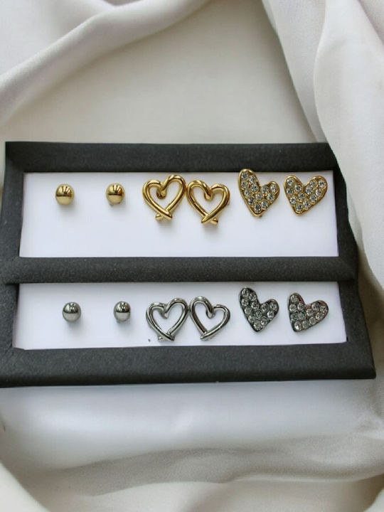 Steel Silver Earrings Set of 3: Ball, Pierced Heart, Heart with Rhinestones