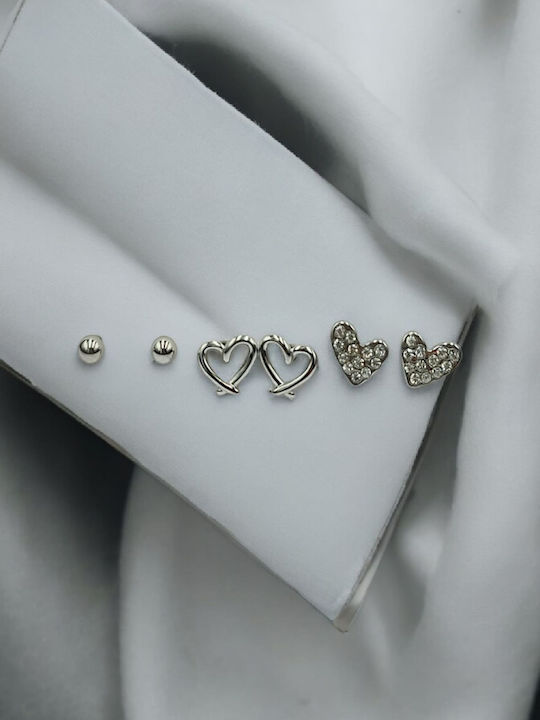 Steel Silver Earrings Set of 3: Ball, Pierced Heart, Heart with Rhinestones