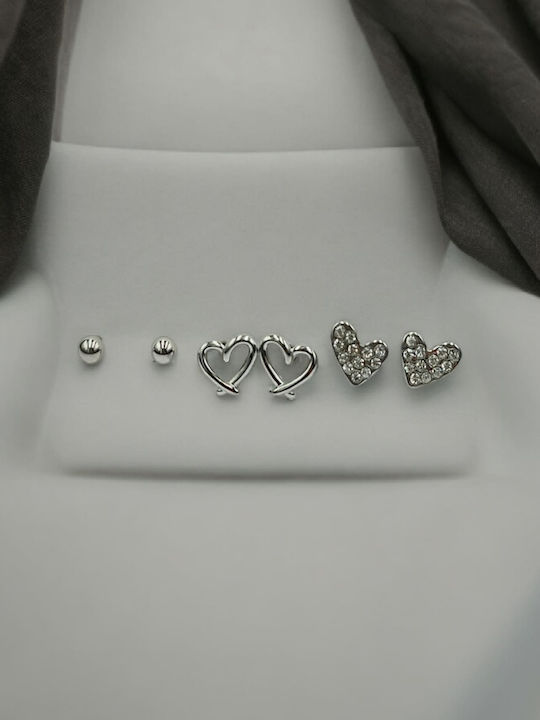 Steel Silver Earrings Set of 3: Ball, Pierced Heart, Heart with Rhinestones
