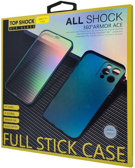Powertech Umschlag Rückseite Gehärtetes Glas / Silikon 0.33mm Set mit Glas Schwarz (iPhone 12 / 12 Pro)