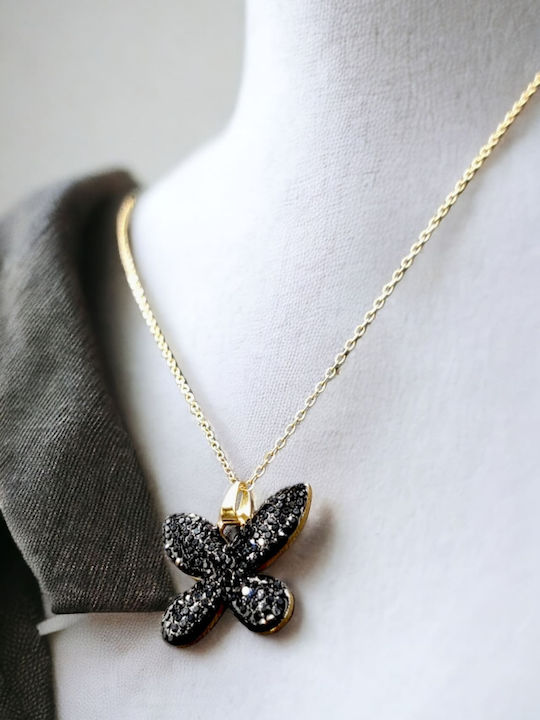 Stahl Gold Schmetterling Schwarzer Strass Halskette Stahl Gold Schmetterling Schwarzer Strass Halskette