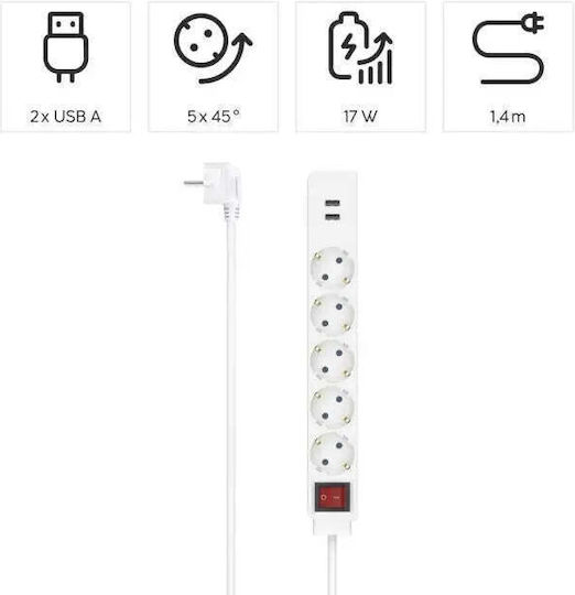 HAMA Πολύπριζο 5 Θέσεων με 2 USB-A και Καλώδιο 1.4m