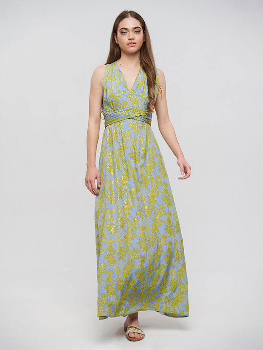 Blue Long Multifunctional Dress with Green Blue Gold Details One Size 100% Crepe