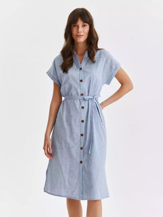 Midi Short Sleeve Dress with Belt and Buttons Blue