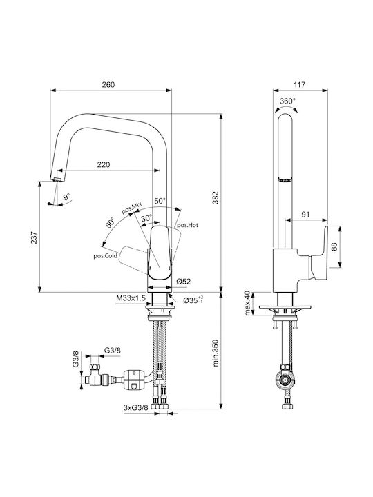 Ideal Standard Ceraplan Iii Смесител За Кухня Настолен С Подвижен Душ Сребрист