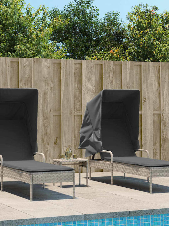 Șezlong Rattan cu Pernă și Parasolar Gri cu Masă Set 2 Bucăți 89x200x60cm