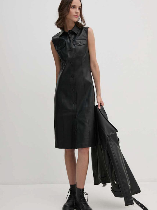 Midi Abendkleid Leder Schwarz