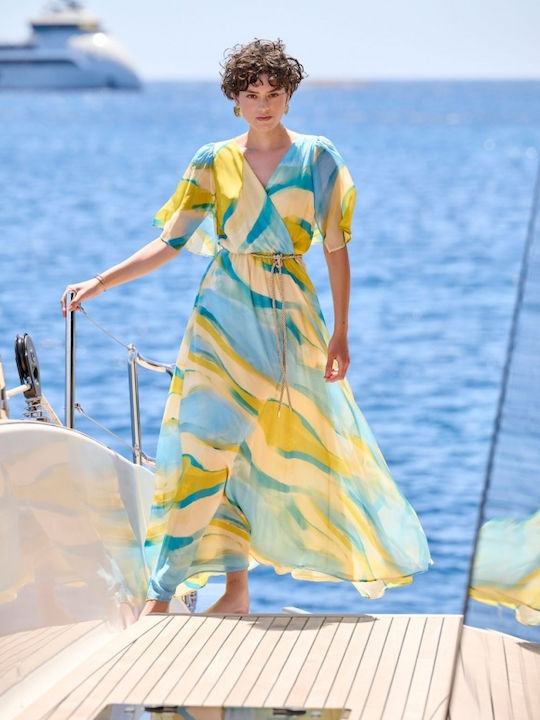 Matis Fashion Maxi Βραδινό Φόρεμα Σατέν Κρουαζέ με Βολάν Τιρκουάζ