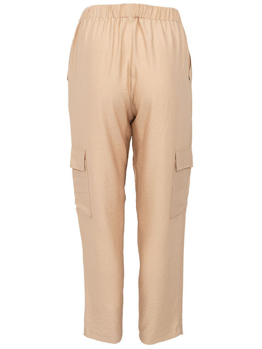 Pirouette Women's Fabric Cargo Trousers with Elastic in Loose Fit Beige