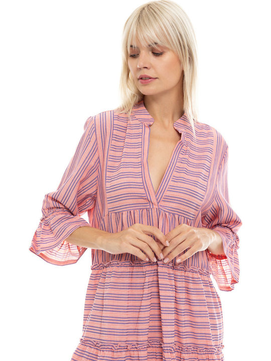 Damen Strandkleid Pink Label Kleid Pink Gestreift Regular Fit Baumwolle