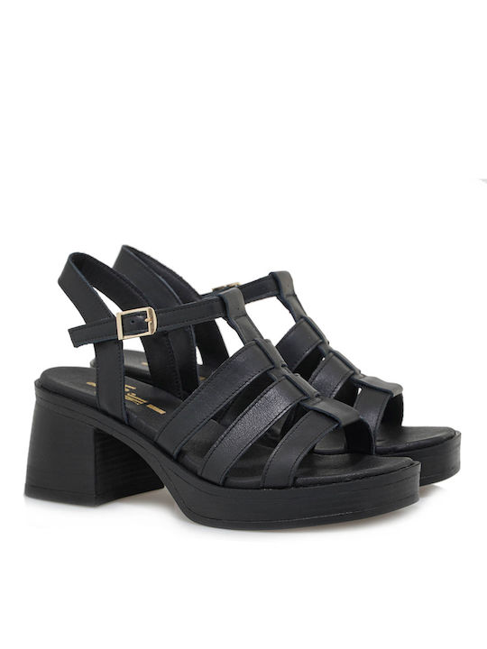 JK London Leather Women's Sandals Black with Medium Heel