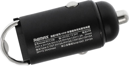 Remax Зарядно за кола 45W Бързо Зареждане с Портове: 1xUSB 1xType-C Черен Цвят