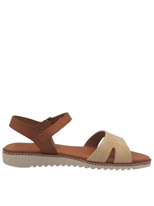 Eva Frutos Leather Women's Flat Sandals Anatomic in Beige Color