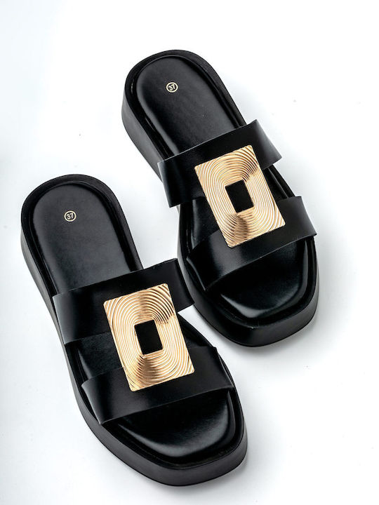 Leather Women's Flat Sandals in Black Color