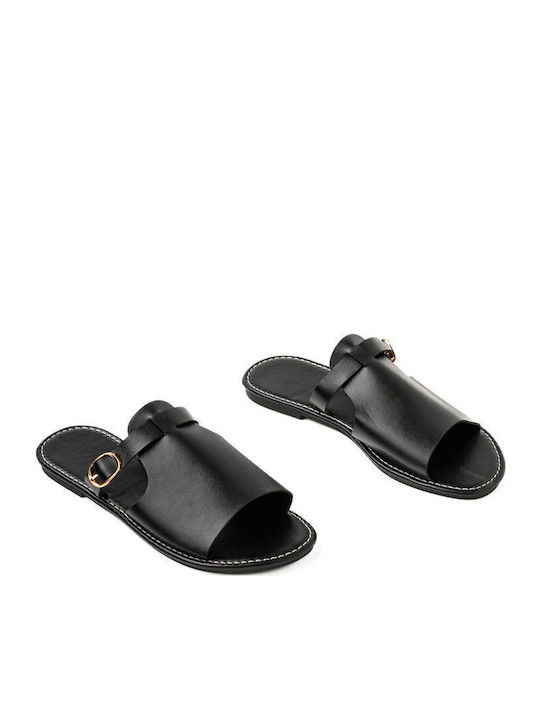 Leather Women's Flat Sandals in Black Color