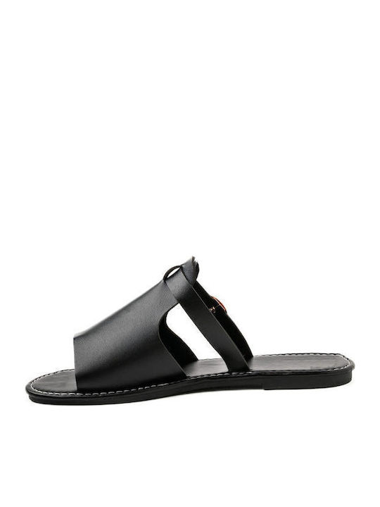 Leather Women's Flat Sandals in Black Color