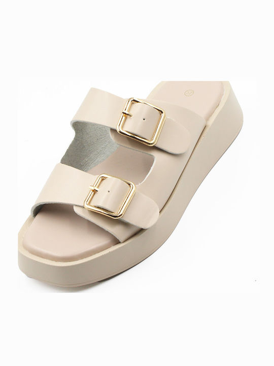 Leather Women's Flat Sandals Beige