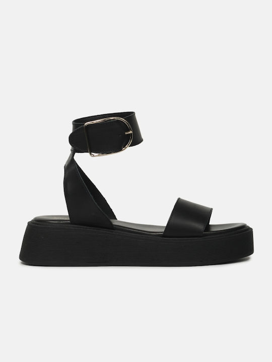 InShoes Leather Women's Flat Sandals with Strap Flatforms in Black Color