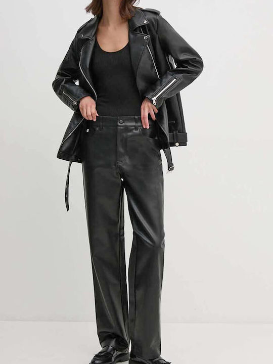 Damen Hoch tailliert Leder Hose Schwarz