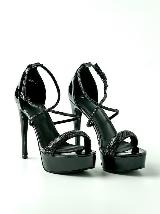 Platform Synthetic Leather Women's Sandals with Strass & Ankle Strap Black with Thin High Heel