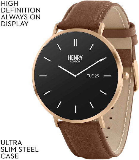 Henry London Smart Stainless Steel 43mm Smartwatch με Παλμογράφο (Rose & Chocolate Leather)