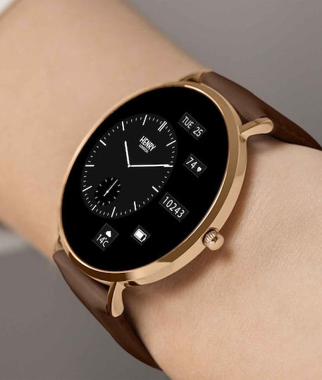 Henry London Smart Stainless Steel 43mm Smartwatch με Παλμογράφο (Rose & Chocolate Leather)