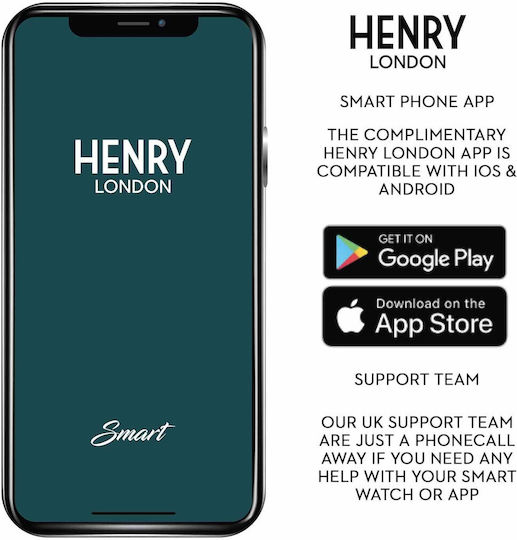 Henry London Smart Stainless Steel 43mm Smartwatch with Heart Rate Monitor (Silver & Black Leather)