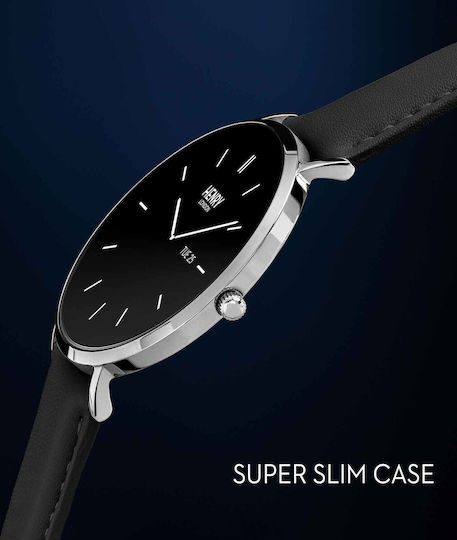 Henry London Smart Stainless Steel 43mm Smartwatch with Heart Rate Monitor (Silver & Black Leather)