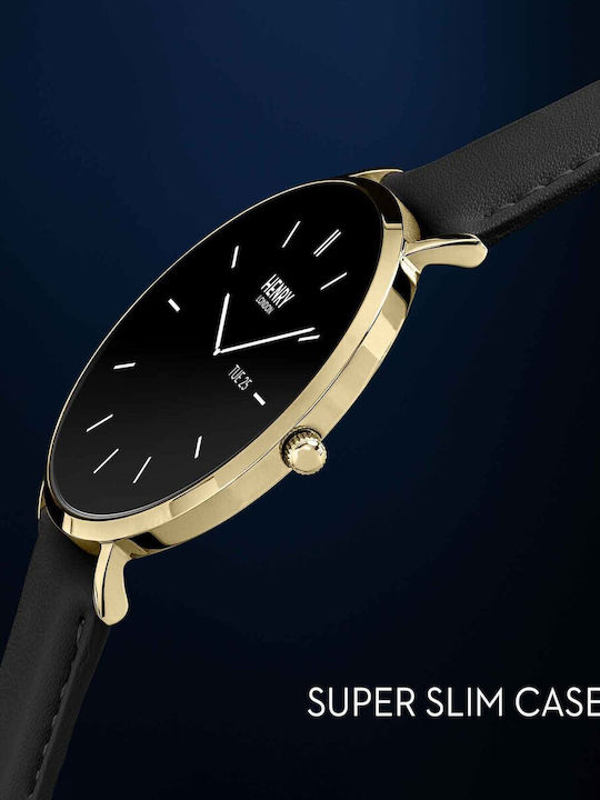 Henry London Smart Stainless Steel 43mm Smartwatch με Παλμογράφο (Gold & Black Leather)