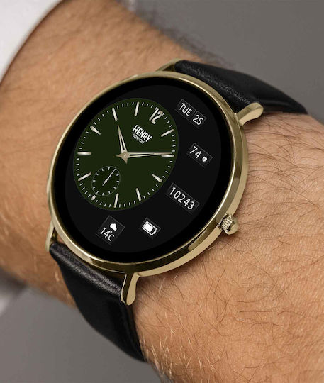 Henry London Smart Неръждаема стомана 43мм Смартчасовник с Пулсомер (Gold & Black Leather)